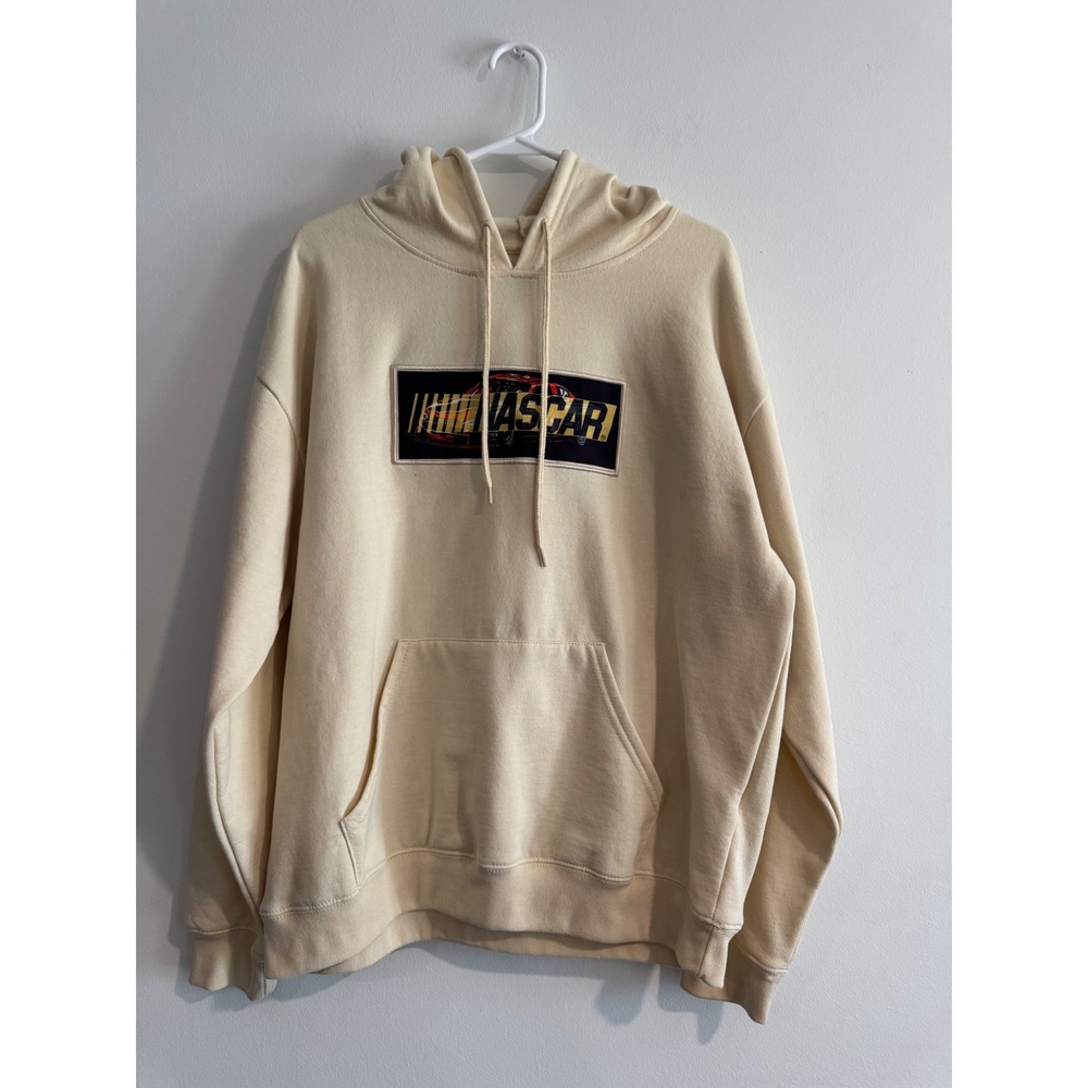 Vintage NASCAR Daytona 500 Graphic Hoodie Mens Large Cream Fleece Back Graphic